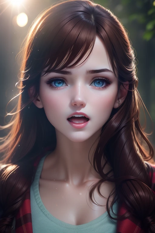 1girl, open mouth, brown hair, 22 year old girl, realistic, perfect skin perfect model face , Scottish , masterpiece , lens flare lighting, real life, detailed facial features ,