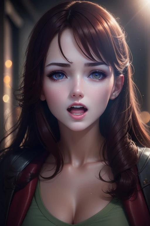 1girl, open mouth, brown hair, 22 year old girl, realistic, perfect skin perfect model face , Scottish , masterpiece , lens flare lighting, real life, detailed facial features ,