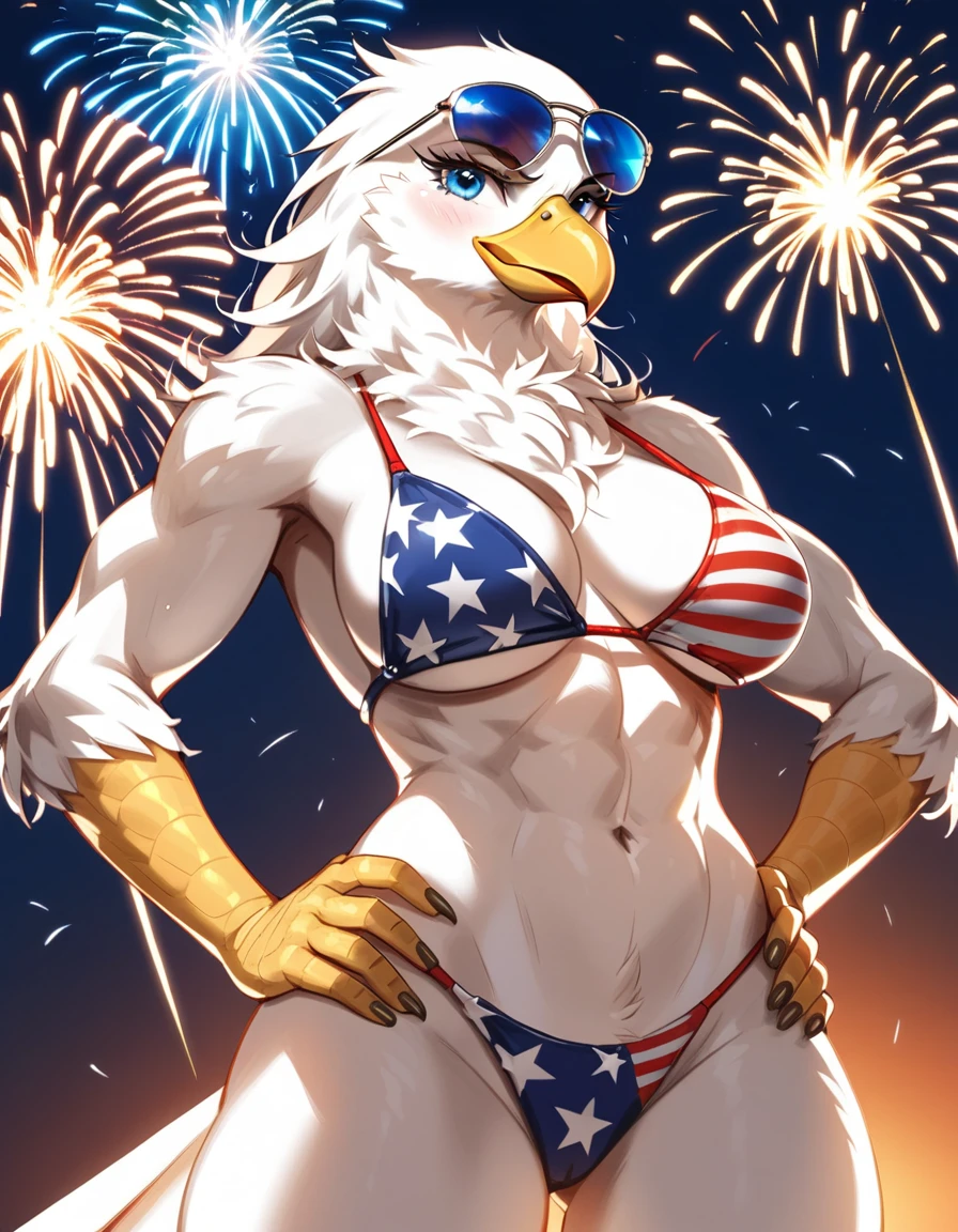 score_9,score_8_up,score_7_up, source_furry, an Anthro avian bald eagle, female, tall, athletic body, wearing a bikini with the American flag design on it, blue eyes, hands on her hips, fireworks behind her, grinning, wearing aviator sunglasses,