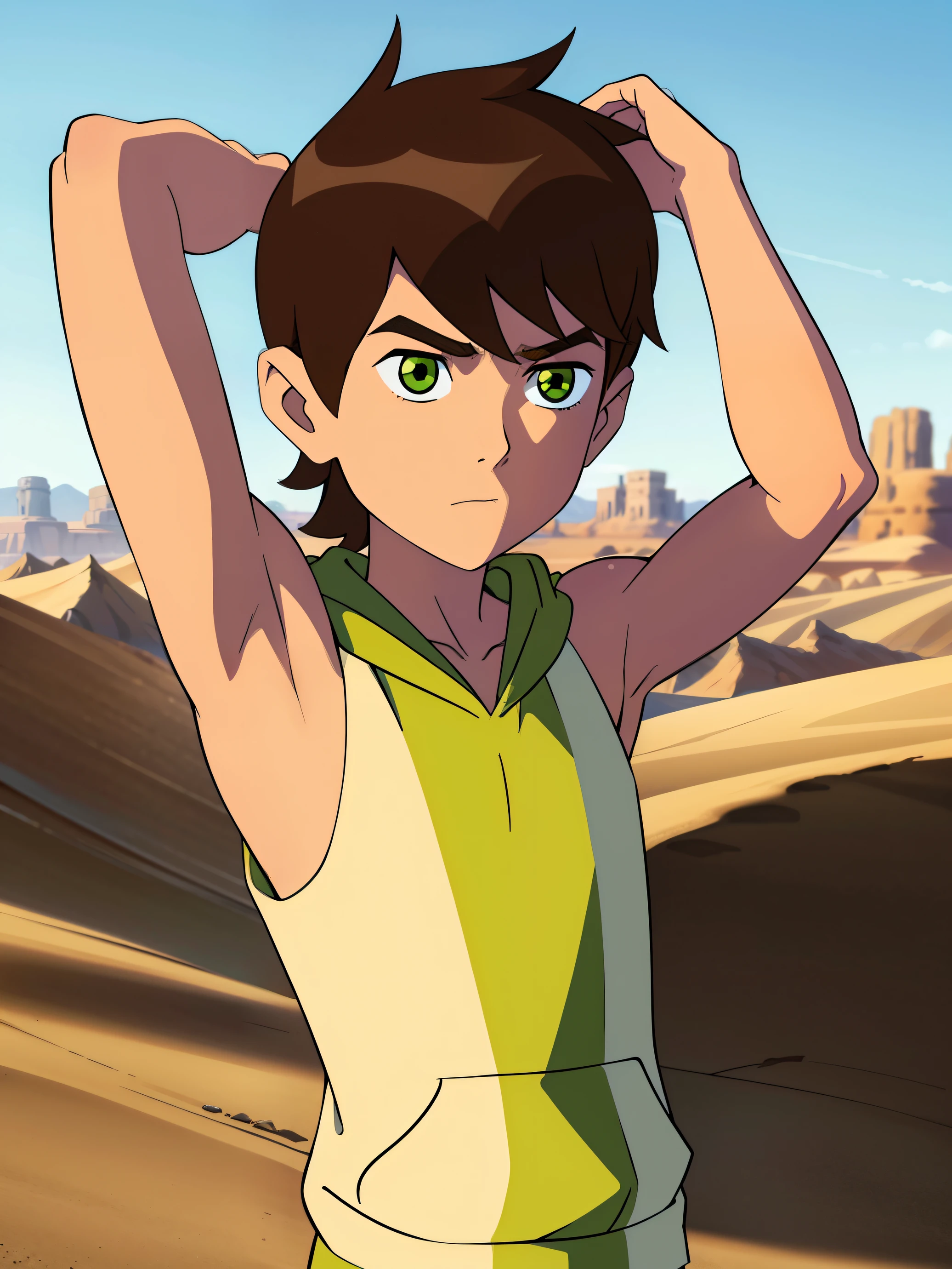 Highres, Masterpiece, Best quality at best,Best Quality,hight quality, hight detailed, boy, 1boy, shota, bentennyson, Green eye, Brown hair, short body, Sleeveless hoodie, bare chest, (armpit), desert