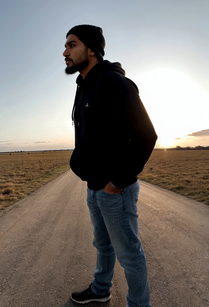 a latin man, 28 years old dark, without so much front, with comb over haircut , for the side and beard black, barba mediana, warm with white hooded sweatshirt, with jeans, standing in profile he looks at the horizon and thinks about his entire life, the scene at a distance well away from the camera focus , a scene in the middle of a road street and on the side field and plain. wide angle camera scene, contemplative scene, full body shot, sun and daylight, movie perspective, High Definition, photorealistic