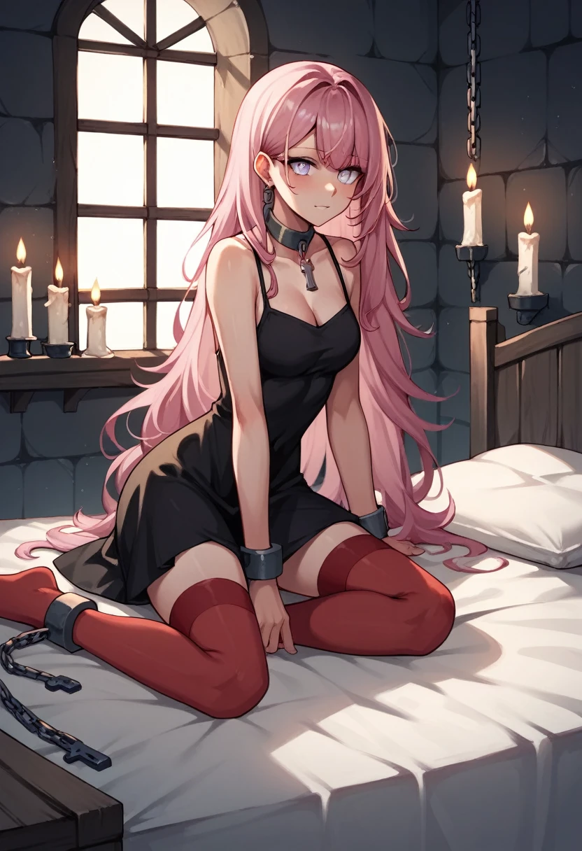 score_9, score_8_up, score_7_up, score_6_up, score_5_up, score_4_up, source_anime, 1 woman ,bed, pink hair, long hair, white eyes, w-w-chain, shackles, loose hair, black dress, skirt, red stockings,night, candles, key from the shackles, dungeon, best quality, best res, 4K UHD,