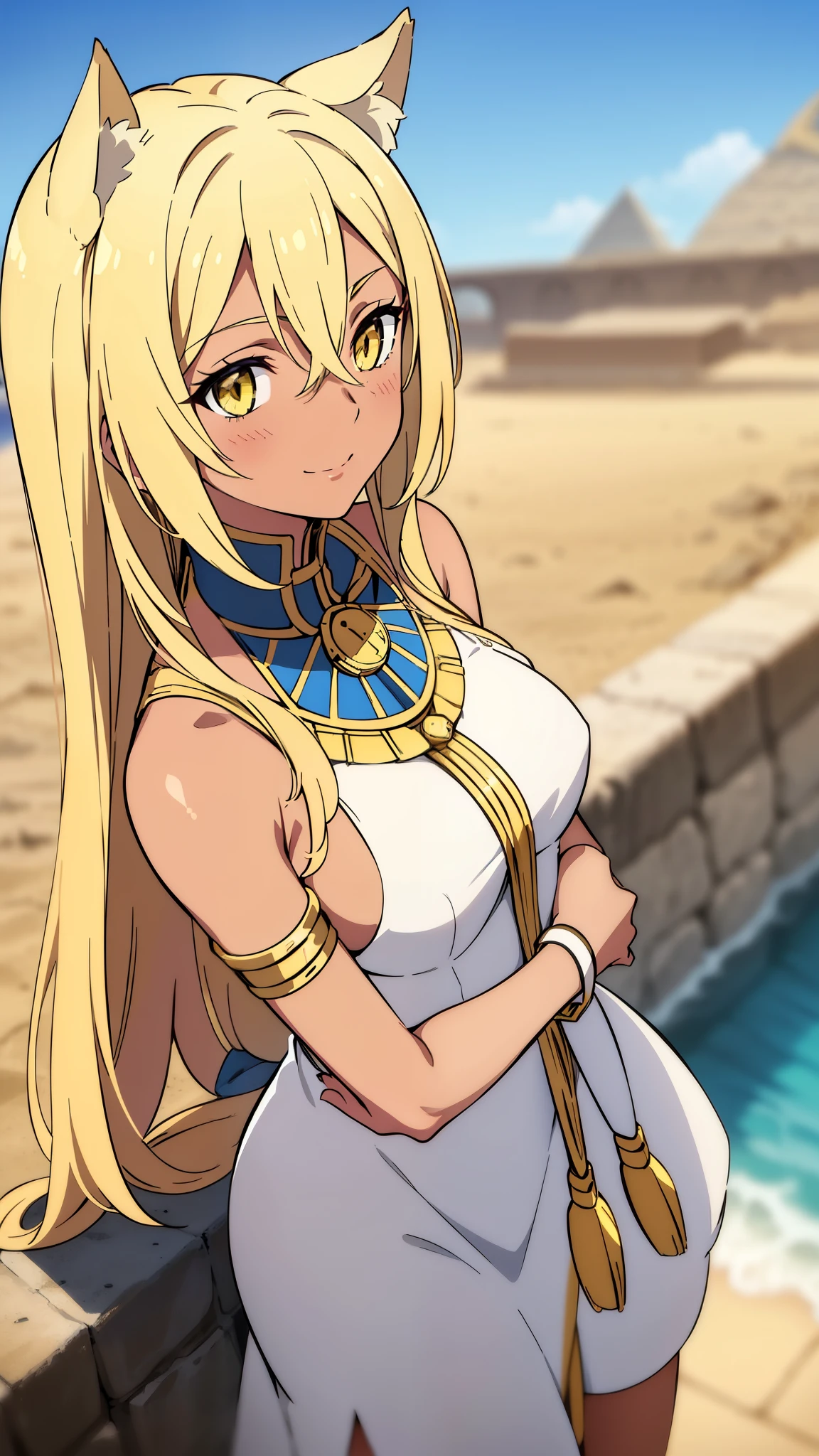 (1girl ,solo,20s,mature female),blonde hair,long hair,cat ears,yellow eyes,(((dark skin))),(Egypt, blue sky, sun),white egypt oufit,bare shoulders,looking at view,loved,blush,smile