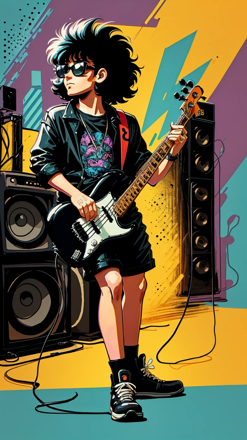 80s bassist drawn cartoon style in black colors