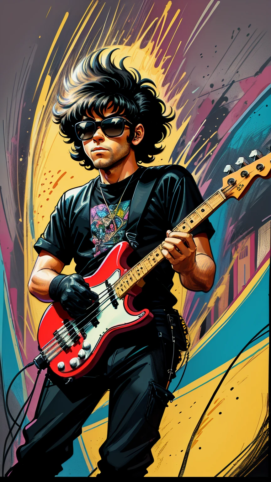 80s bassist drawn cartoon style in black colors