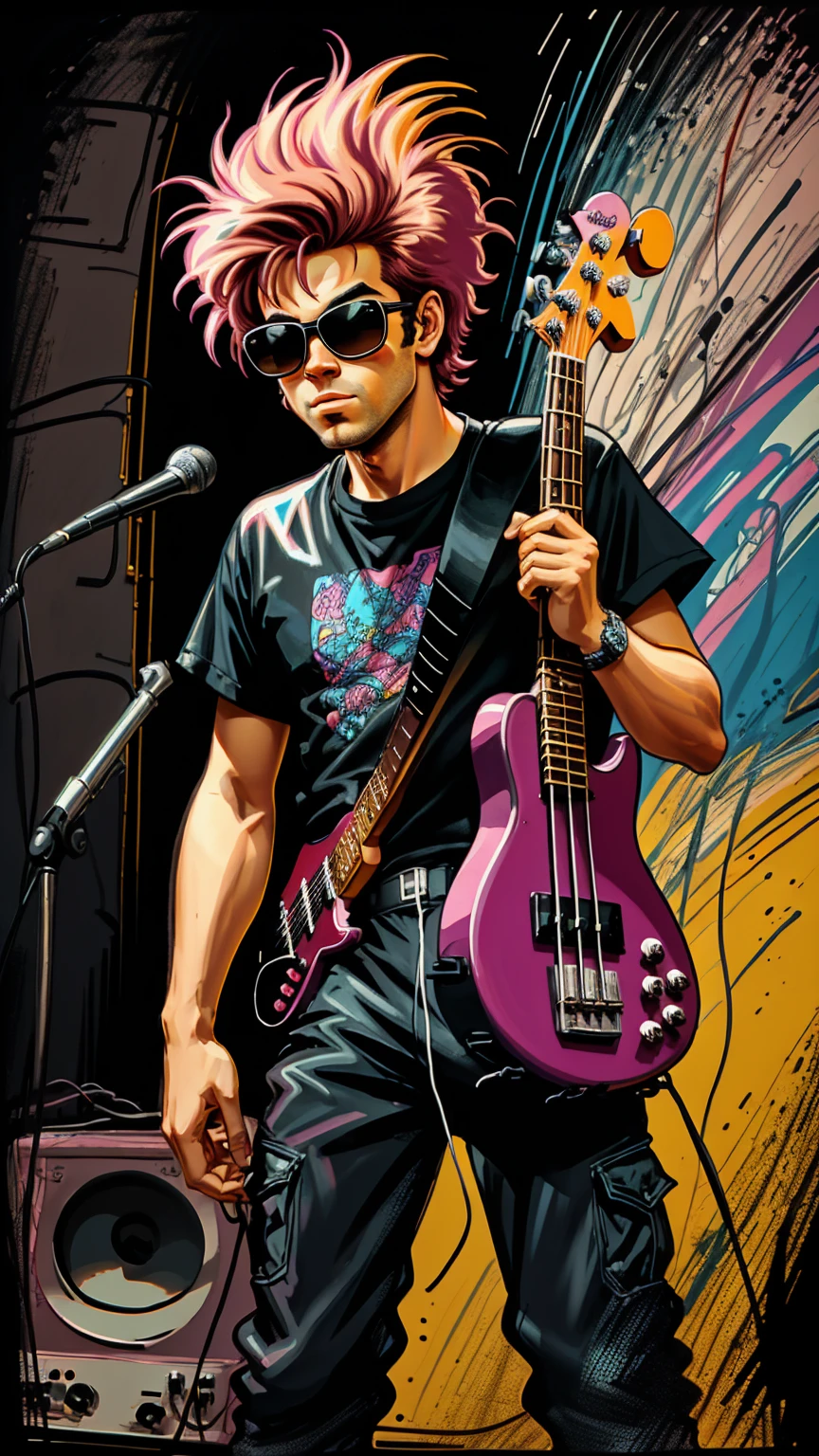 80s bassist drawn cartoon style in black colors