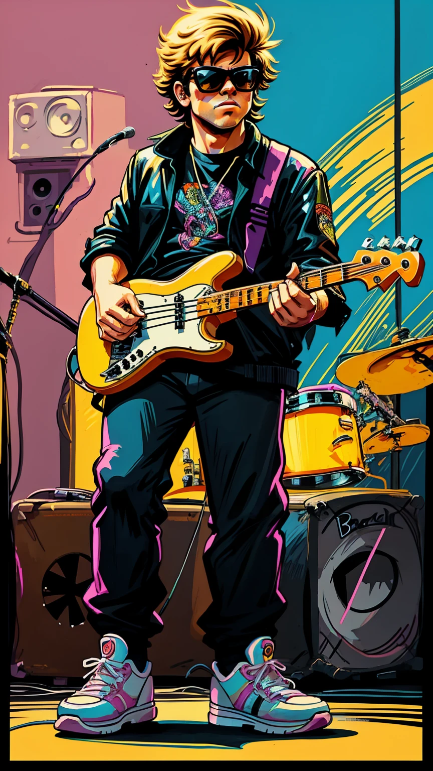 80s bassist drawn cartoon style in black colors