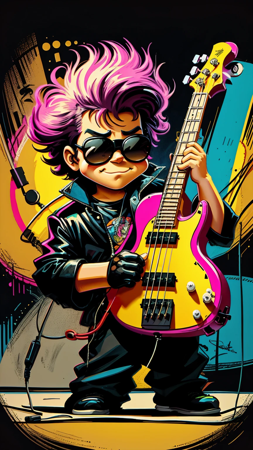 80s bassist drawn cartoon style in black colors