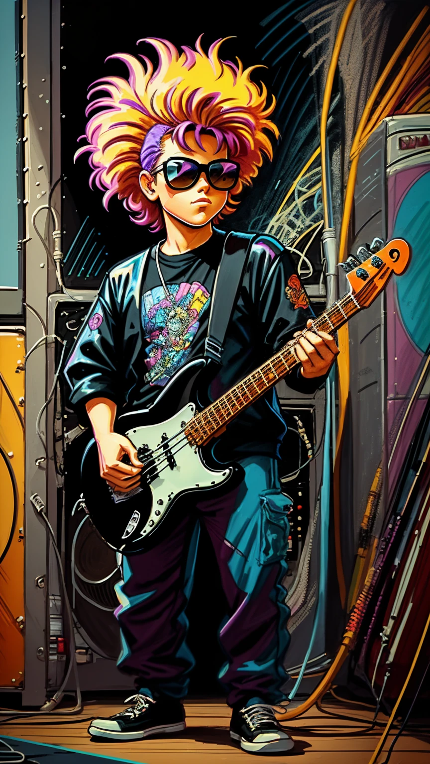80s bassist drawn cartoon style in black colors