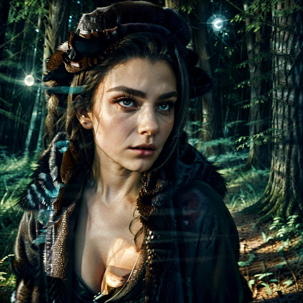 A stunningly beautiful lycanthrope woman in her wolf-human form, covered in fur and exhibiting distinct lycanthropic features, engaged in a fierce battle with a medieval hunter in the middle of a dense, eerie forest under the full moon. Her eyes are sharp and piercing, her elongated claws ready to strike. She is aggressive and powerful, without any clothing, showcasing her natural fur. The forest is dark and misty, with tall, ancient trees casting long shadows. The medieval hunter, dressed in traditional medieval hunting attire, is actively fighting her, yet his face shows a profound sense of regret and sadness. He wields a weapon, perhaps a silver sword or crossbow, in a dramatic pose as he tries to defend himself. The full moon casts a haunting glow over the entire scene, enhancing the tension and drama of their confrontation.