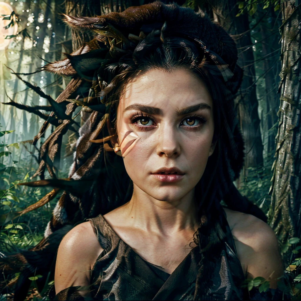 A stunningly beautiful lycanthrope woman in her wolf-human form, covered in fur and exhibiting distinct lycanthropic features, engaged in a battle with a medieval hunter in the middle of a dense, eerie forest under the full moon. Her eyes are sharp and piercing, her elongated claws ready to strike. She is aggressive and powerful, without any clothing, showcasing her natural fur. The forest is dark and misty, with tall, ancient trees casting long shadows. The medieval hunter, dressed in traditional medieval hunting attire, is actively fighting her, yet his face shows a profound sense of regret and sadness. He wields a weapon, perhaps a silver sword or crossbow, in a dramatic pose as he tries to defend himself. The full moon casts a haunting glow over the entire scene, enhancing the tension and drama of their confrontation.