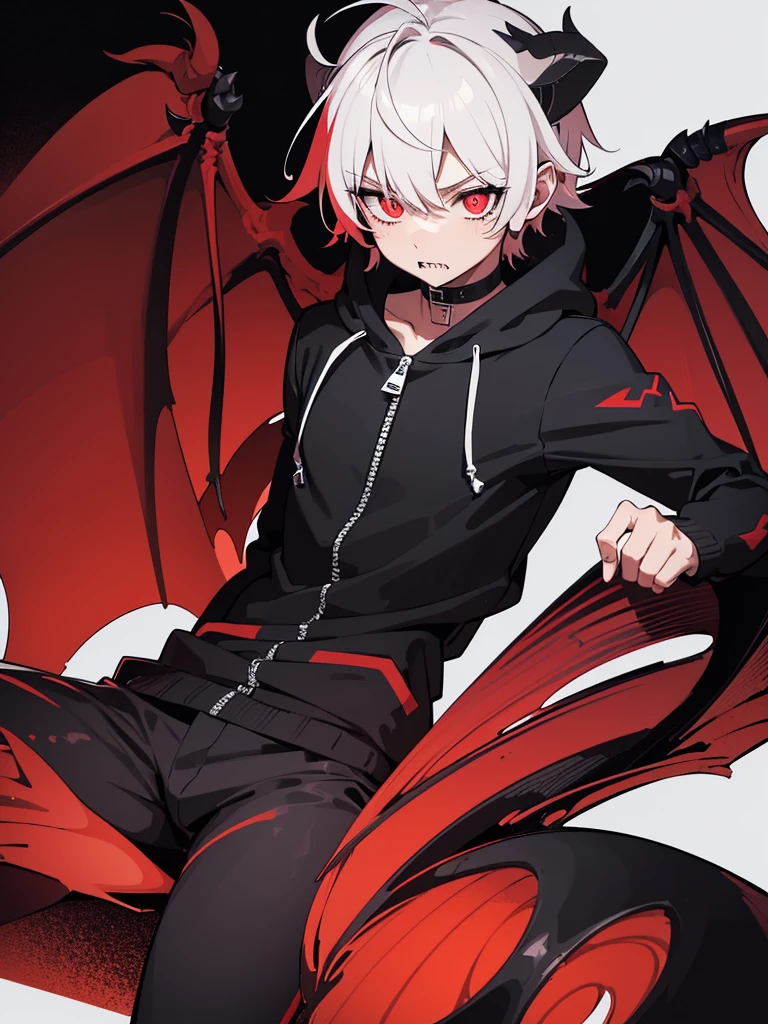is a demon boy,, the main colors are from red to scarlet. 
Preferably large wings and horns, sharp teeth and eyes with narrow pupils, a hoodie with a zipper and ordinary black pants.  A long demonic tail.