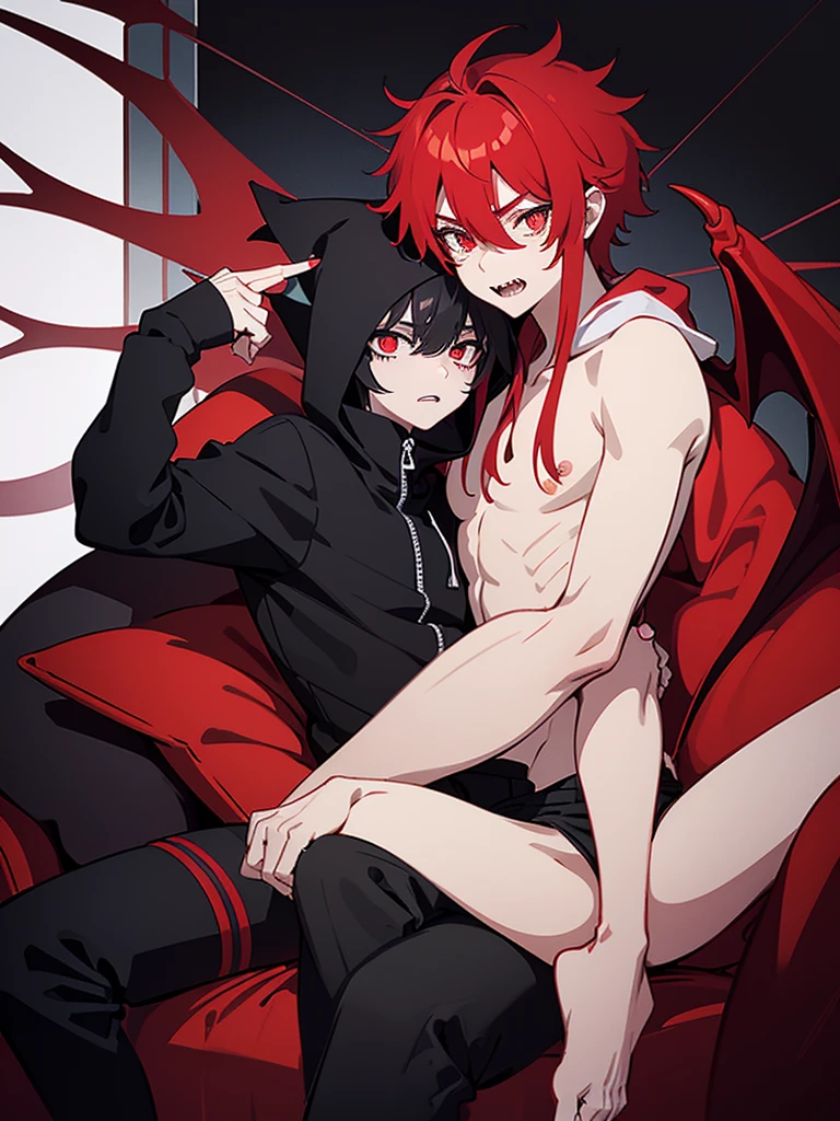 is a demon boy,, the main colors are from red to scarlet. 
Preferably large wings and horns, sharp teeth and eyes with narrow pupils, a hoodie with a zipper and ordinary black pants.  A long demonic tail.