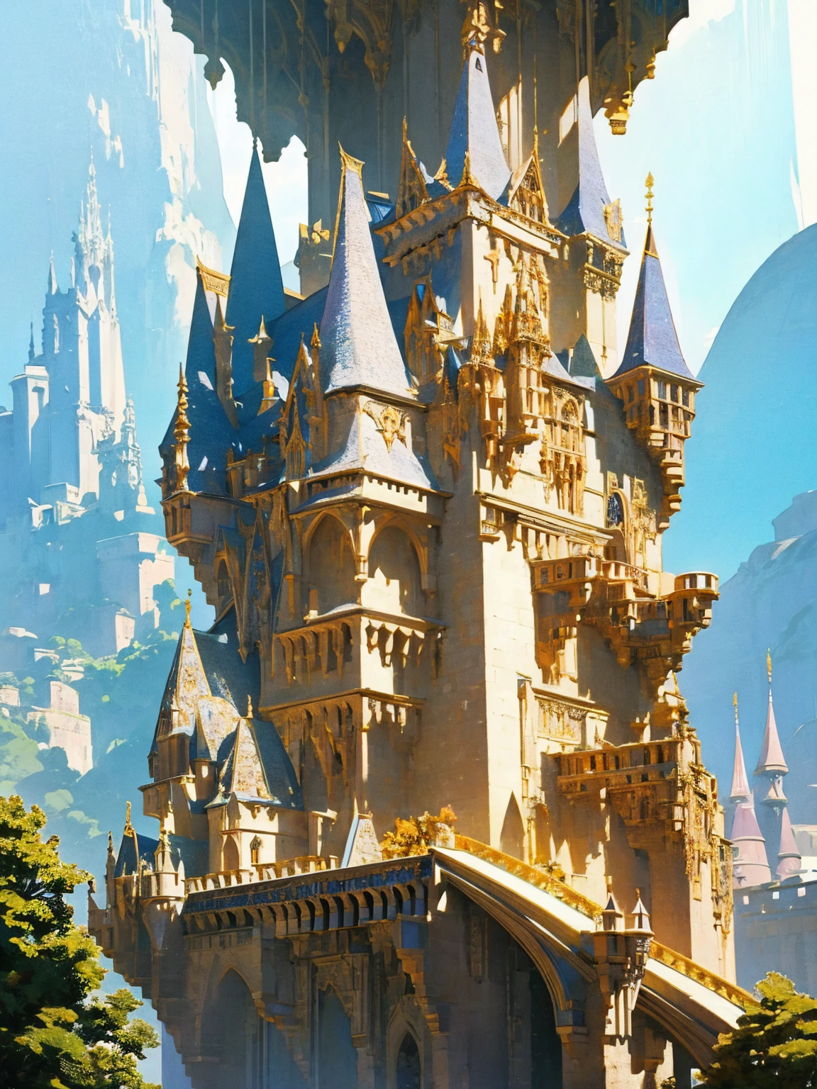 "A breathtaking, colossal white castle set in a vibrant, lush fantasy world named Avalon. The Grand Castle of Avalon is a divine creation, featuring a central tower that rises to one kilometer in height, surrounded by at least twelve major towers with blue pointed roofs and gold details. The castle's walls, standing at 60 meters tall, are pristine white with delicate gold embellishments. The structure is a mix of gothic and fairy-tale architecture, with intricate carvings and ethereal patterns. The roofs of the towers and main buildings are steep and blue, with gold accents shimmering in the sunlight. The castle is encircled by an expansive courtyard filled with exotic plants, colorful flowers, a large hedge maze, and whimsical fairies tending to the greenery. Majestic statues and water features add to the enchanting atmosphere. The entire scene is vibrant and full of life, with a sense of divine beauty and magic."