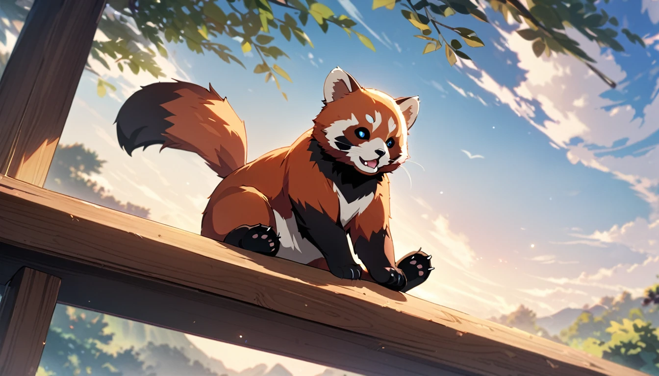 Solo, no humans, animals, red panda, animal-centered, masterpiece, highest quality, cute, detailed description, natural scenery, relaxing,sky
