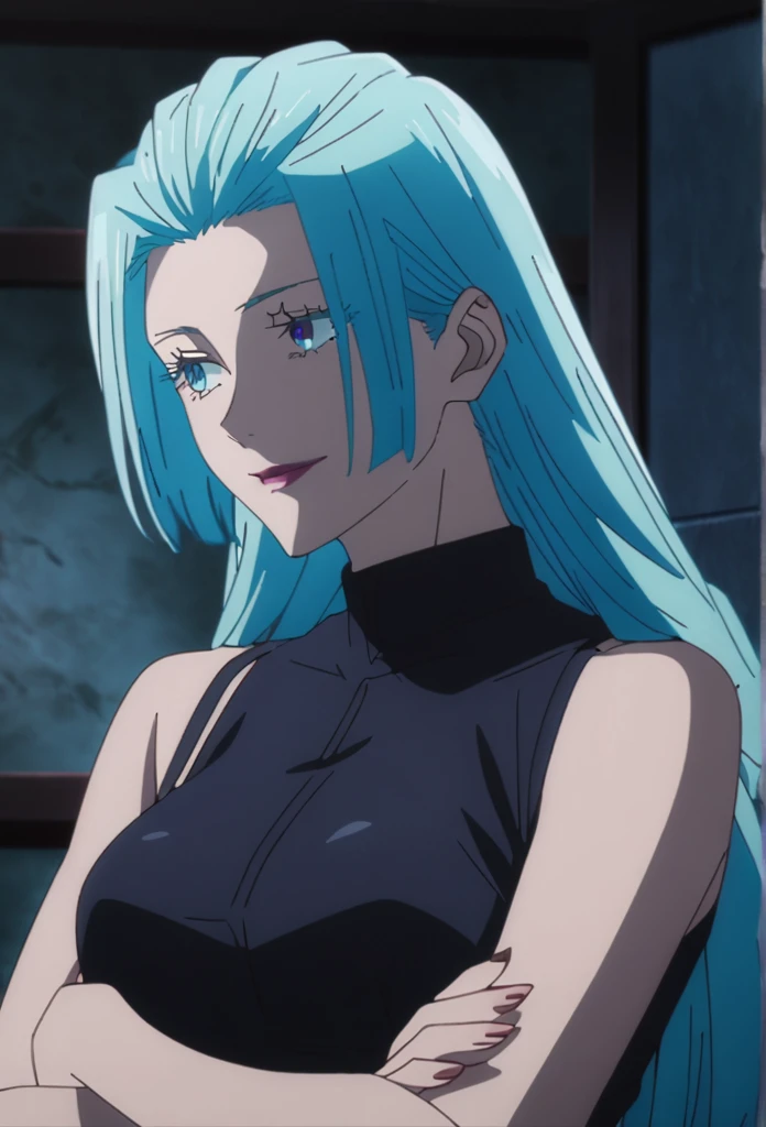 1girl, female gojo satoru, anime screencap from jujutsu kaisen, gojo satoru female version, solo, long_hair, Blue eyes ((Blue_hair)), night view, breasts, upper_body, smile, indoors, book, bangs, red_eyes, lips, (slicked back)) wearing an elegant blue dress with thin straps, breast, "very detailed and high resolution" (Blue eyes) ((cross arms))  ((long hair)) ((solo)) (front view) ((high resolution)) ((hd quality)) ((good quality images))