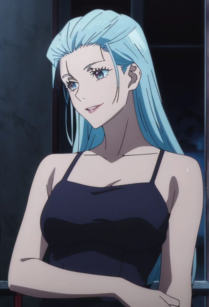 1girl, female gojo satoru, anime screencap from jujutsu kaisen, gojo satoru female version, solo, long_hair, Blue eyes ((Blue_hair)), night view, breasts, upper_body, smile, indoors, book, bangs, red_eyes, lips, (slicked back)) wearing an elegant blue dress with thin straps, breast, "very detailed and high resolution" (Blue eyes) ((cross arms))  ((long hair)) ((solo)) (front view) ((high resolution)) ((hd quality)) ((good quality images))