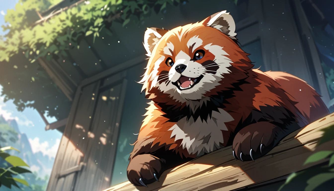 Solo, no humans, animals, red panda, animal-centered, masterpiece, highest quality, cute, detailed description, natural scenery, relaxing,sky