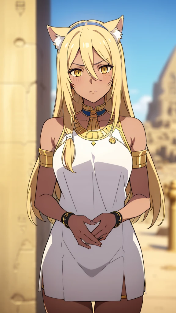 (1girl ,solo,20s,mature female),blonde hair,long hair,cat ears,yellow eyes,(((dark skin))),(Egypt, blue sky, sun),white egypt oufit,bare shoulders,looking at view,loved,blush,serious