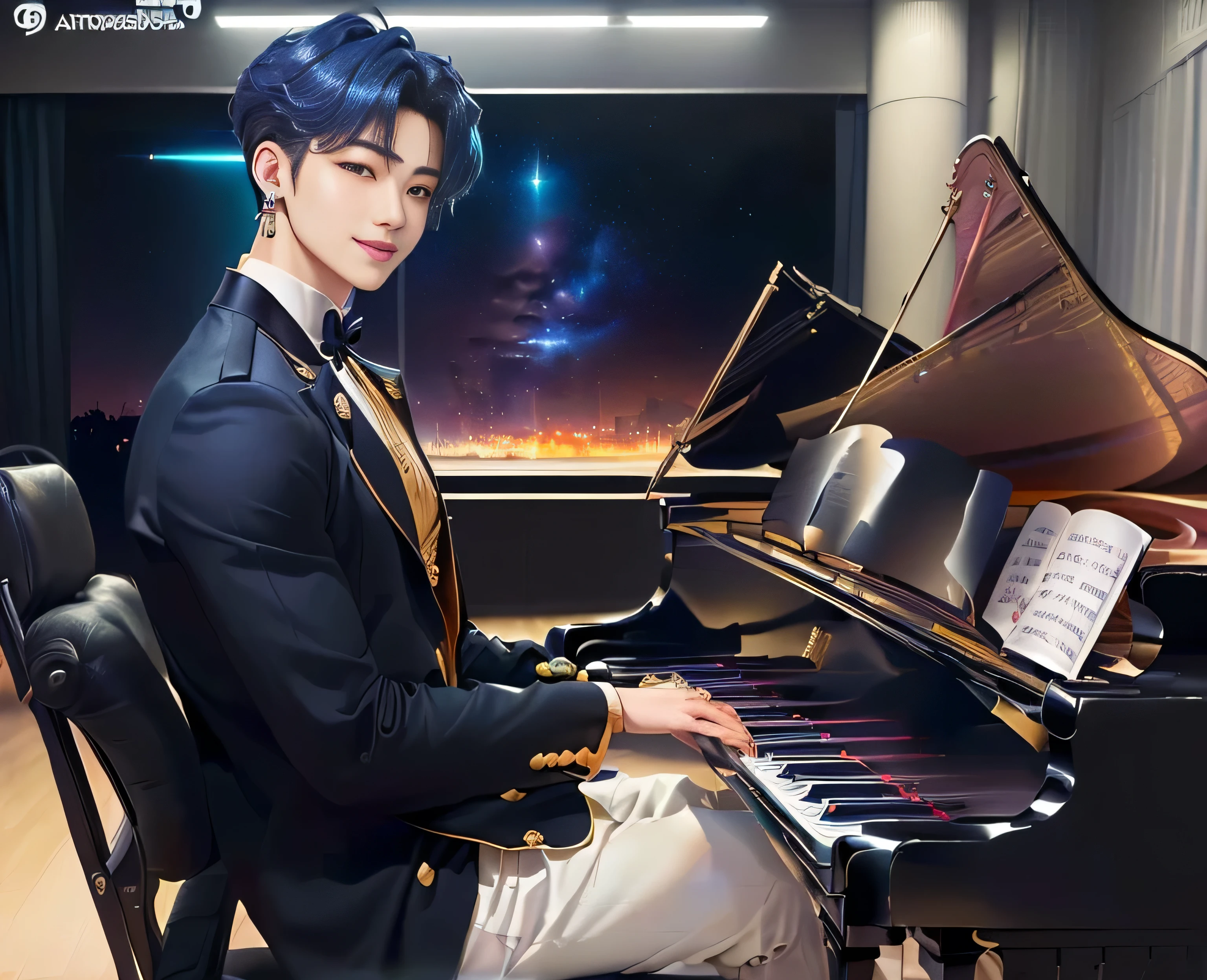 (((8k hyper realistic image!!!))), (((Realistic close-up of a young single very handsome 20s South Korean man!!! the most beautiful man in the world!!, he is the most handsome k-idol ever!!!, he is the god of beauty!!, he is tall he is 1.92 meters high, has long, muscular legs!!, anime styling, astro de k-pop!!))), ((((hair is short straight black!!!)))), (((His skin is very white like milk, white skin like a vampire))), (((Big, golden eyes, inspired by manga and anime!!)), ((muscle body!!, closed!!, legs thick!!, wide chest!!, strong arms!!)), (((inspired by Cha Eun-woo from Kpop group Astro!! Inspired by BTS's V!!))), (((Inspired by Cha Eunwoo from Kpop group Astro))), ((he is smiling!!!)), ((He is playing the piano in a room)), (((realistic art style!!!))) I