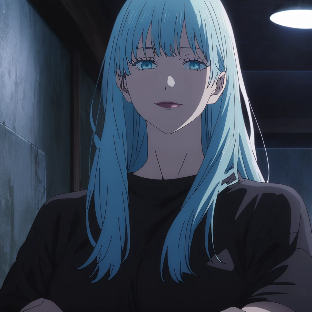 1girl, female gojo satoru, anime screencap from jujutsu kaisen, gojo satoru female version, solo, long_hair, Blue eyes ((Blue_hair)), night view, breasts, upper_body, smile, indoors, book, bangs, red_eyes, lips, (bangs) ((wearing oversized t shirt)) breast, "very detailed and high resolution" (Blue eyes) ((cross arms)) ((long hair)) ((solo)) (front view)