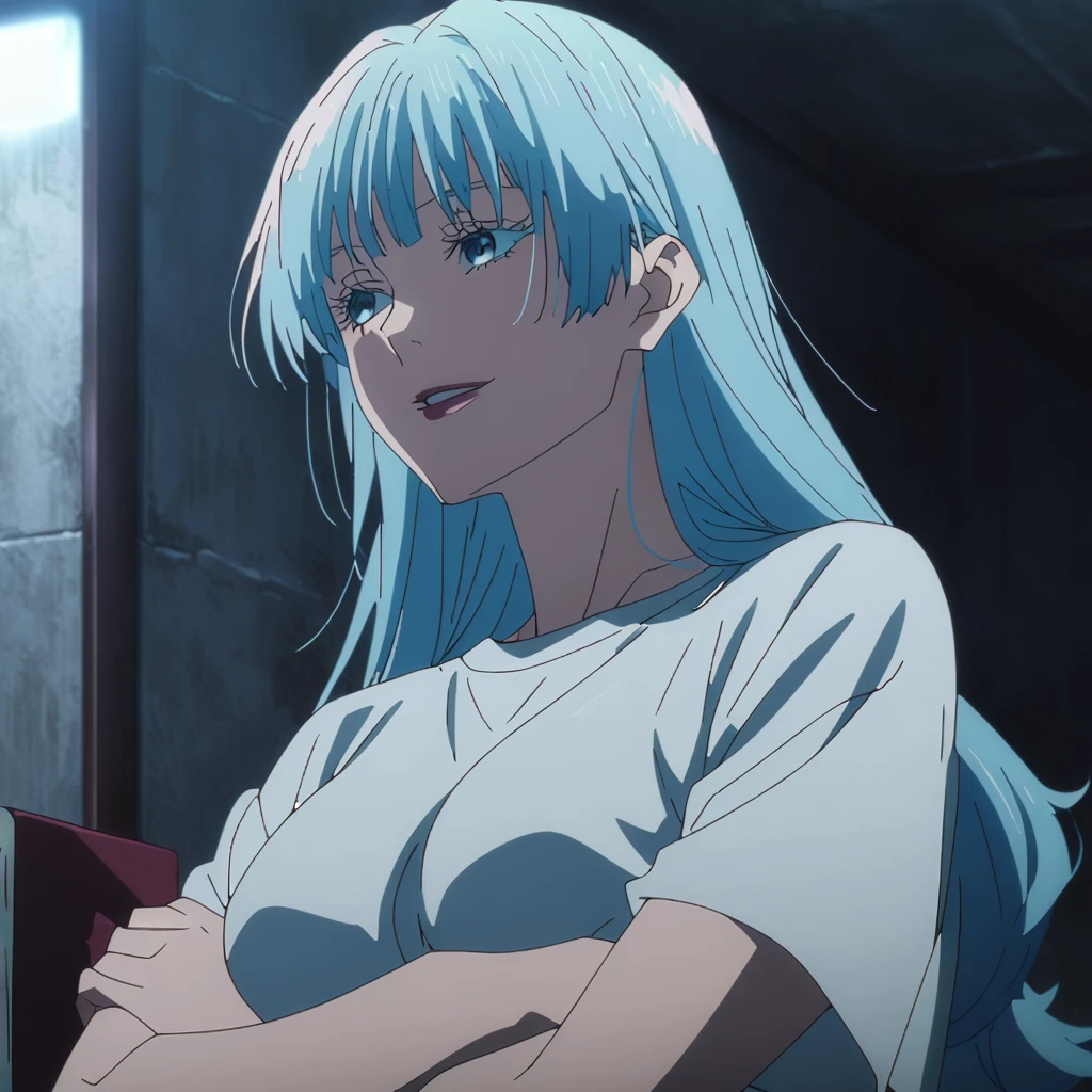 1girl, female gojo satoru, anime screencap from jujutsu kaisen, gojo satoru female version, solo, long_hair, Blue eyes ((Blue_hair)), night view, breasts, upper_body, smile, indoors, book, bangs, red_eyes, lips, (bangs) ((wearing oversized t shirt)) breast, "very detailed and high resolution" (Blue eyes) ((cross arms)) ((long hair)) ((solo)) (front view)
