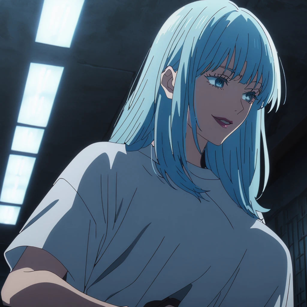1girl, female gojo satoru, anime screencap from jujutsu kaisen, gojo satoru female version, solo, long_hair, Blue eyes ((Blue_hair)), night view, breasts, upper_body, smile, indoors, book, bangs, red_eyes, lips, (bangs) ((wearing oversized t shirt)) breast, "very detailed and high resolution" (Blue eyes) ((cross arms)) ((long hair)) ((solo)) (front view)