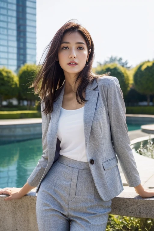 (Highest quality、Ultra-high resolution、masterpiece、8K、Realistic raw photo)、(Delicate face、Detailed eyes and face、Watery eyes、double eyelid、Glossy lips), ((1 girl)) 、Very beautiful woman、Slender、Slim Big、Sharp long legs、Alluring and sexy、(Random color blazer:1.2)、(Random color pants:1.2)、(High heels)、Cleavage、High-definition skin texture、The wind is blowing、Sunlight shining、Modern architecture in the background、Above the knee shot、((Perfect Anatomy、Anatomically correct:1.2))
