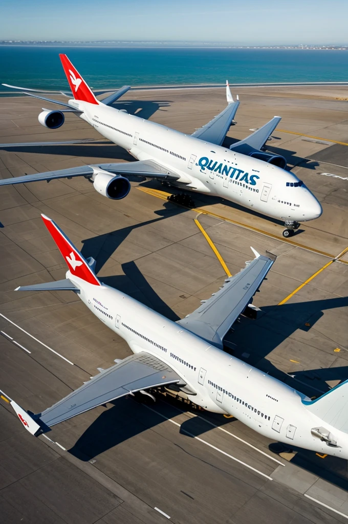 Un a ion type 747 de la compagnie Qantas va atterrir. Sur une route proche, deux personnes à vélo observent l'avion