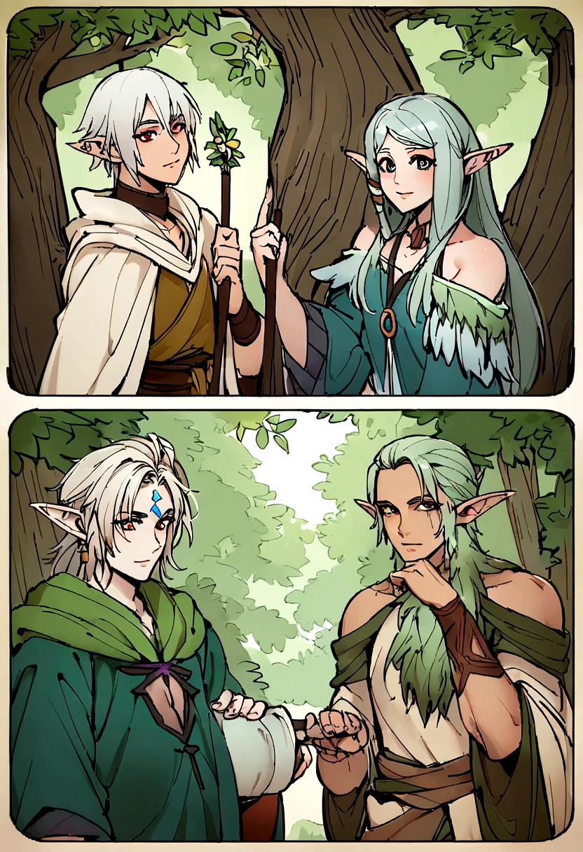 A drawing of a man holding a walking stick in the forest., portrait of a forest Mages, a a druid, of the tree wizard,20 years old,  elf male,elf,  fantasy Mages, Spelling Wizard, nature a druid, elf, a druid, world of warcraft elf a druid, archMages, Mages, เรนเจอร์elfชาย, greatest elf warrior, tree a druid, epic elf warrior