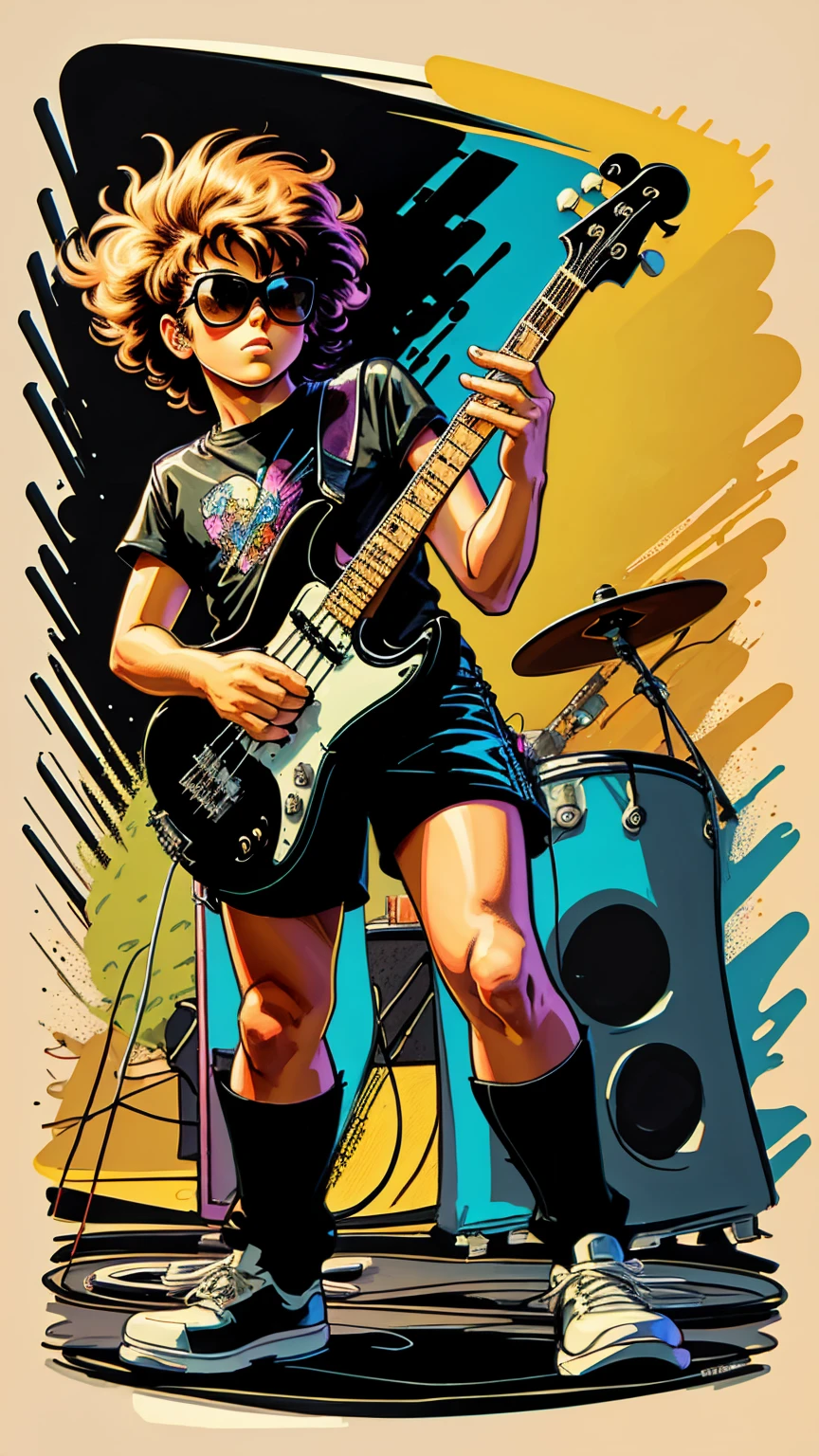 80s bassist drawn cartoon style in black colors