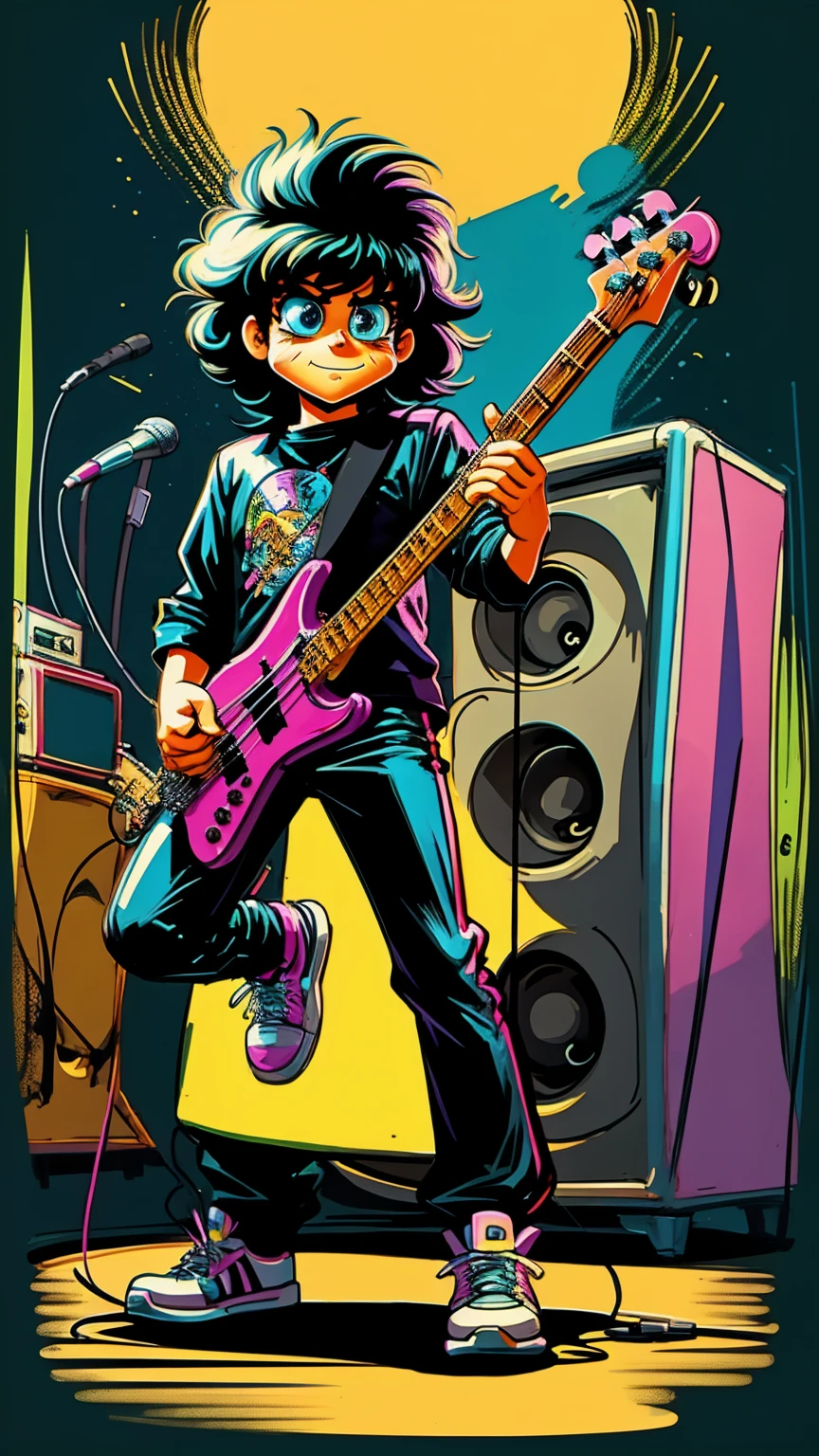 80s bassist drawn cartoon style in black colors