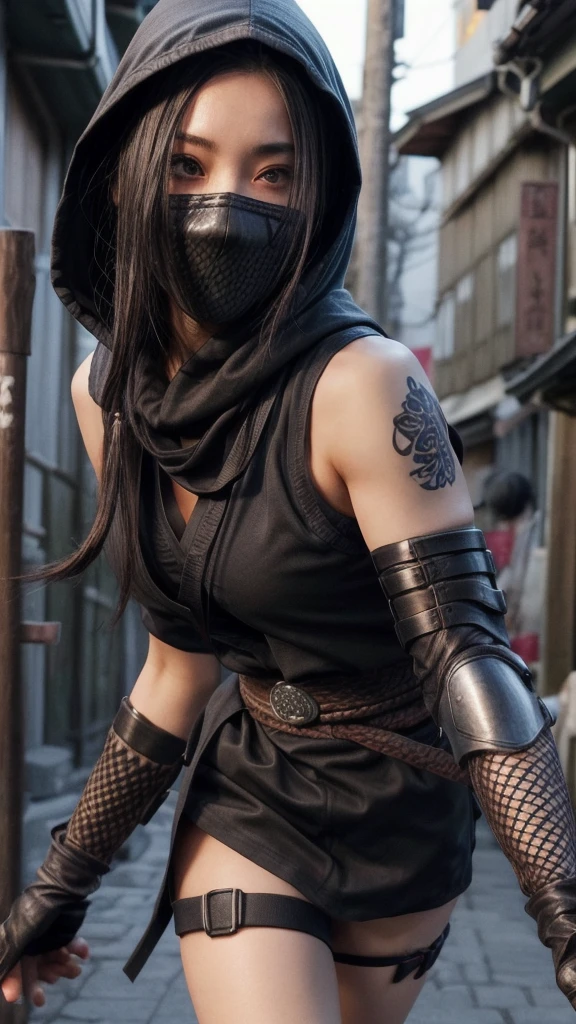 female shinobi with shoulder armor, asian, long black hair, brown eyes, hooded, fishnets, ninja garb, sakura background, japan