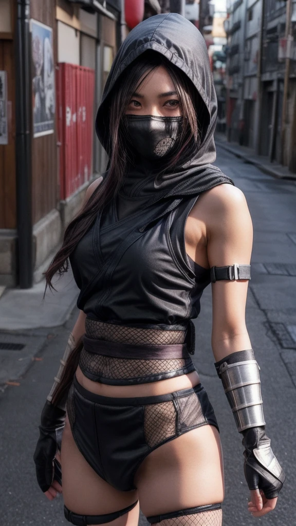 female shinobi with shoulder armor, asian, long black hair, brown eyes, hooded, fishnets, ninja garb, sakura background, japan