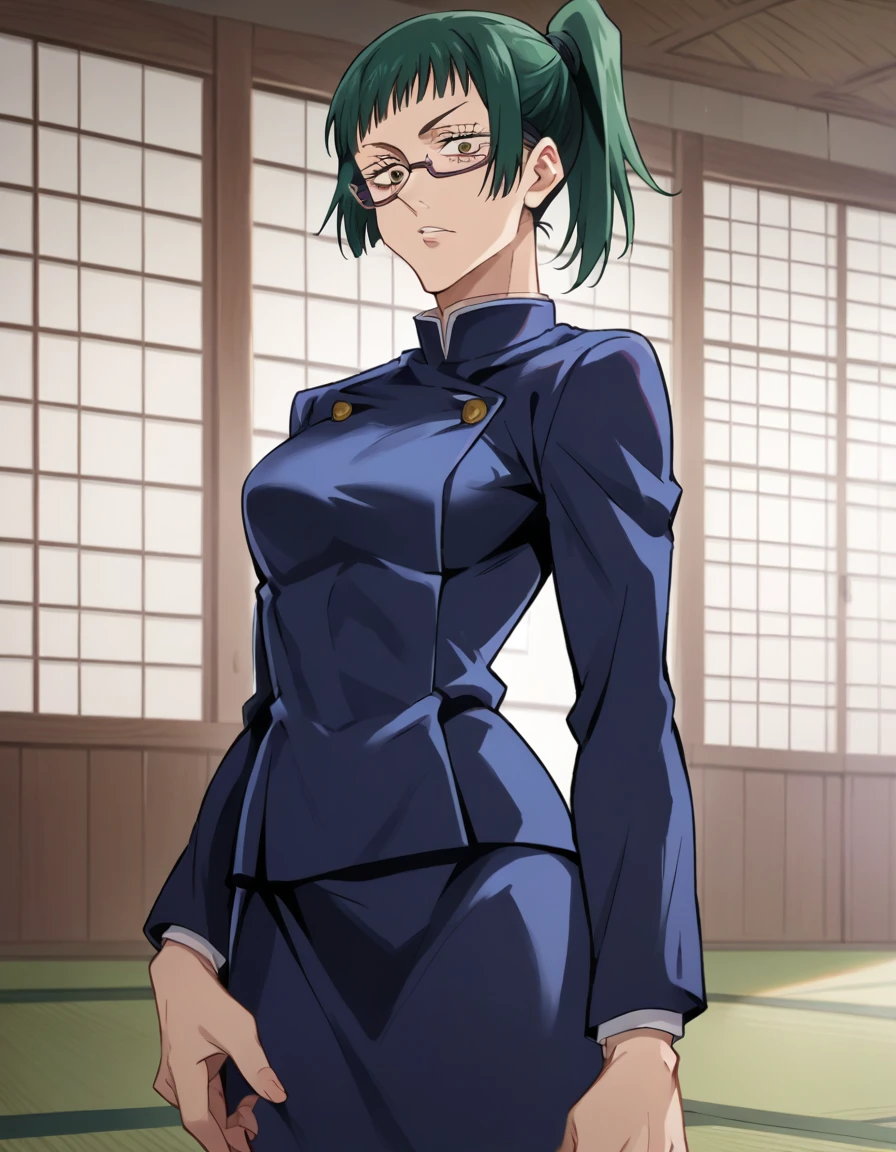 score_9, score_8_up, score_7_up, source_anime,
MakiZenin, Maki Zenin, green ponytail hair, glasses, yellow eyes,
blue tight skirt, blue tight jacket, jujutsu kaisen uniform,
indoors, dojo, seductive pose,
solo, looking at viewer,