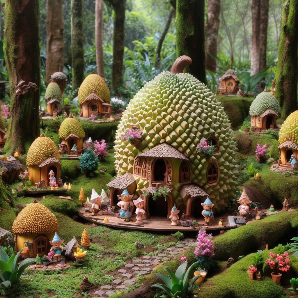very small elves living in a village with only jackfruit-houses miniature forest, fairy forest, fantasy matte painting,cute, candy forest, in picturesque forest diorama, lush fairy forest, houses in the shape of jackfruit,jackfruit house, fairy garden, enchanted magical fantasy forest, beautiful render of a fairytale