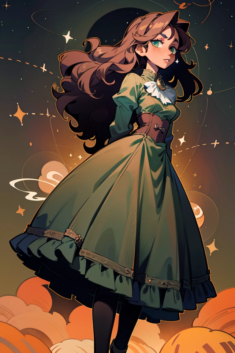 masterpiece, absurdres, 1girl, cowboyshot, tachi-e, mature woman, best aesthetics, medium breasts, wide hips, thick thighs, dark brown hair, curly hair, textured hair, hip-length hair, narrow eyes, dark skin, ankle-length dress, arched nose, soft shading, very detailed face, clean lines, dynamic pose, anatomically correct, hyperdetailed, beautiful lighting, dark atmosphere, dark eyeshadow, good makeup, detailed hair, green eyes, sparkling eyes, telescope, magic, fantasy, medieval, high fantasy, black stockings, comfy, cozy, tareme, medium chest, SFW, long dress, arms behind back, outdoors, constellations in sky, stargazing