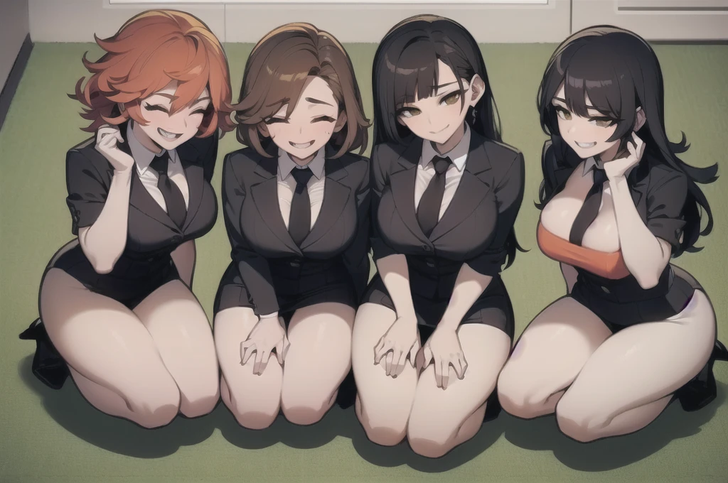 four sexy women in office outfits, kneeling, portrait, closed eyes, opened mouths, short curly orange hair, view from above
