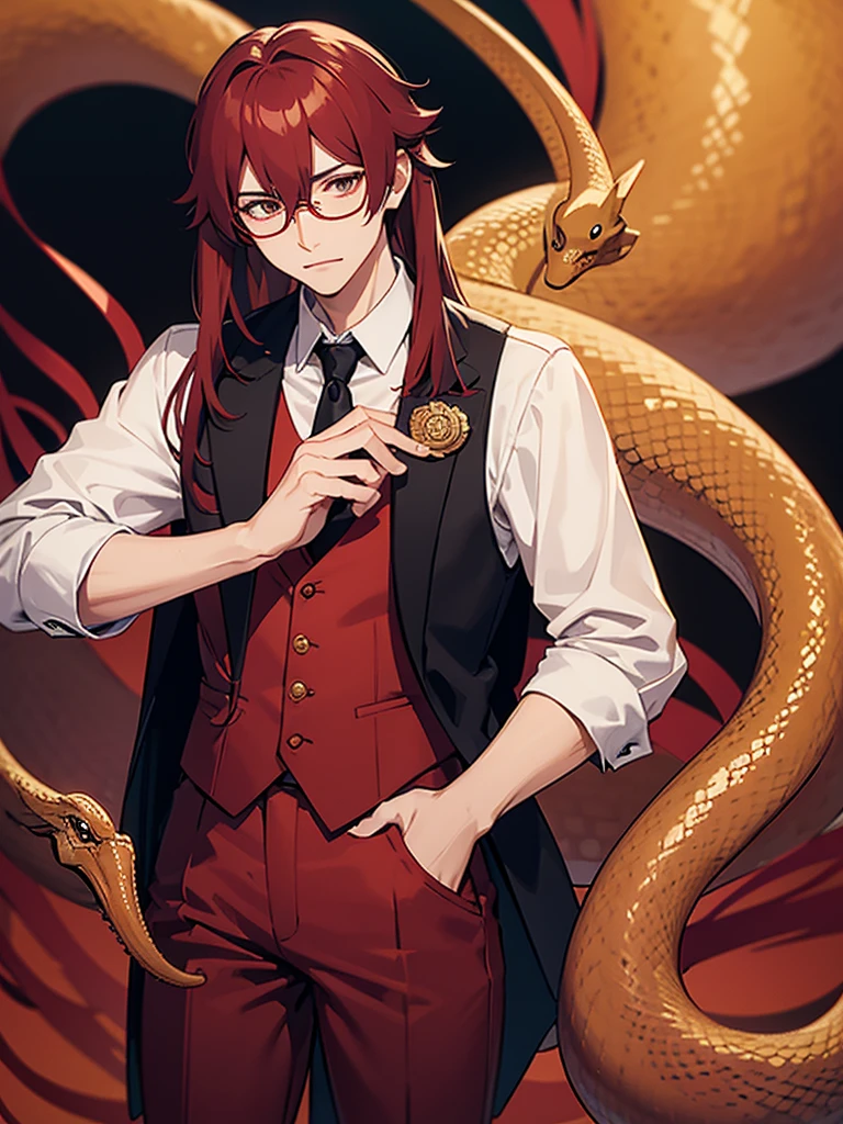 furry boy  royal python, clothes tie, vest , red glasses and long pants, long snake tail and long hair,and without ears