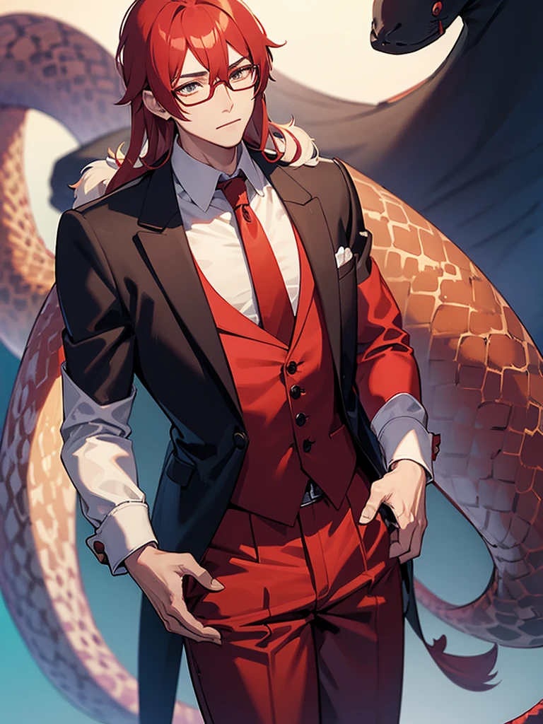 furry boy royal python, clothes tie, vest , red glasses and long pants, long snake tail and long hair,and without ears