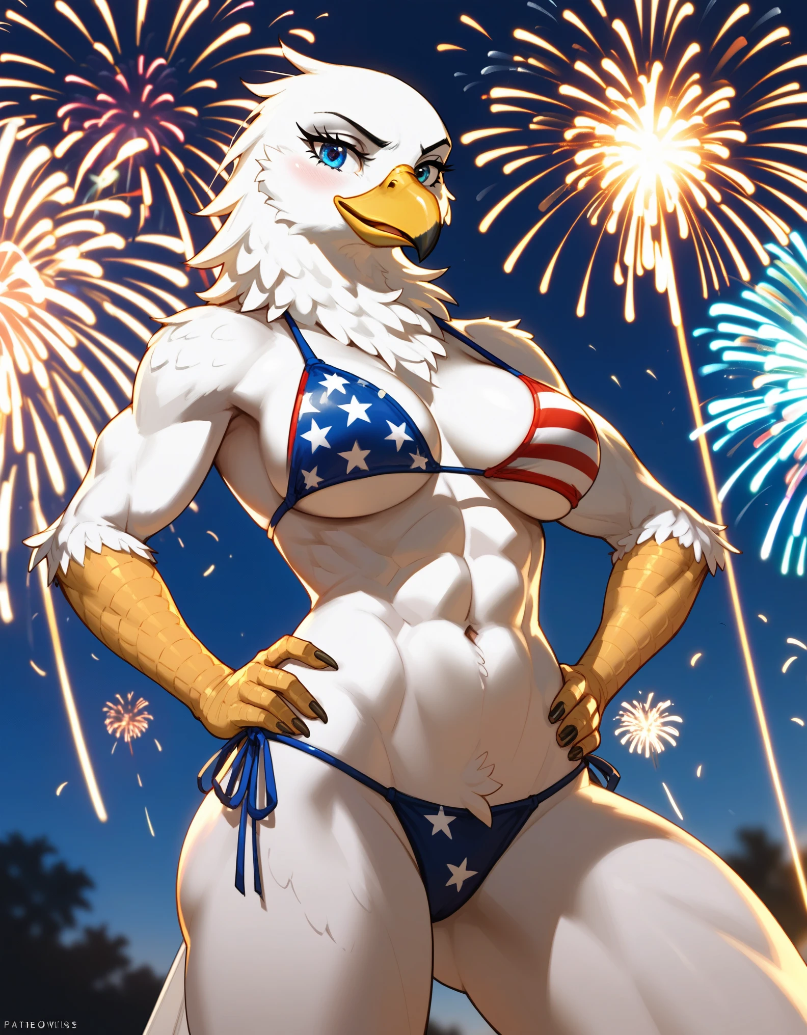 score_9,score_8_up,score_7_up, source_furry, an Anthro avian bald eagle, female, tall, athletic body, wearing a bikini with the American flag design on it, bird arm texture, blue eyes, hands on her hips, fireworks behind her