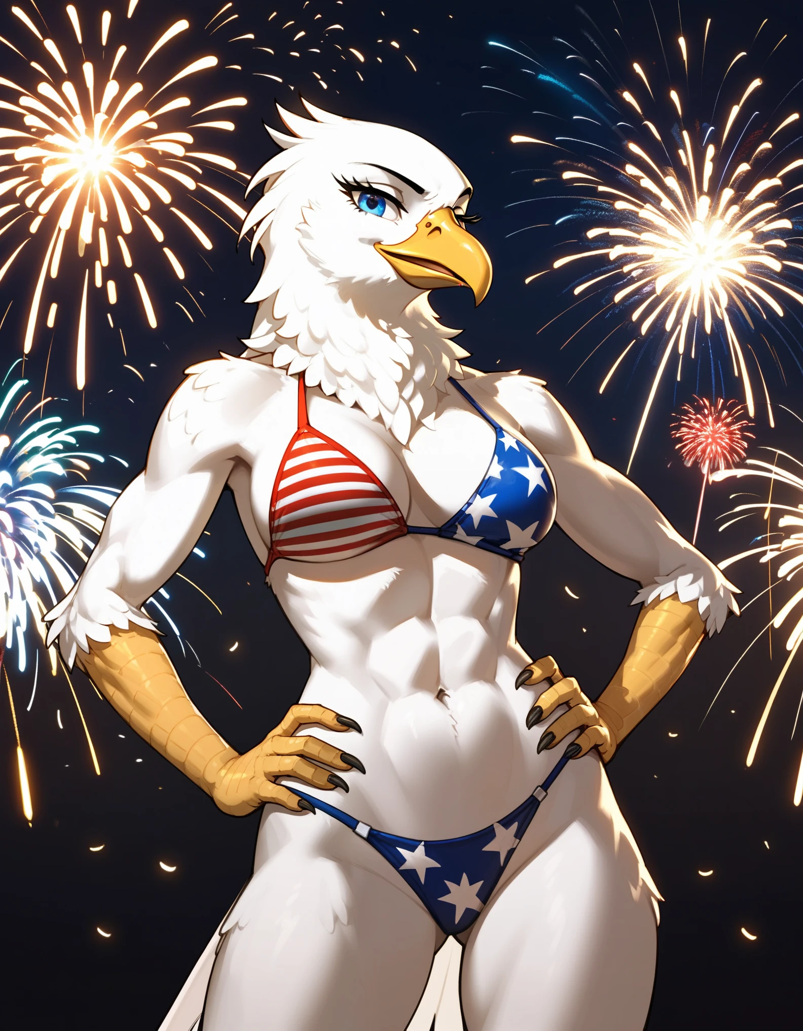 score_9,score_8_up,score_7_up, source_furry, an Anthro avian bald eagle, female, tall, athletic body, wearing a bikini with the American flag design on it, bird arm texture, blue eyes, hands on her hips, fireworks behind her