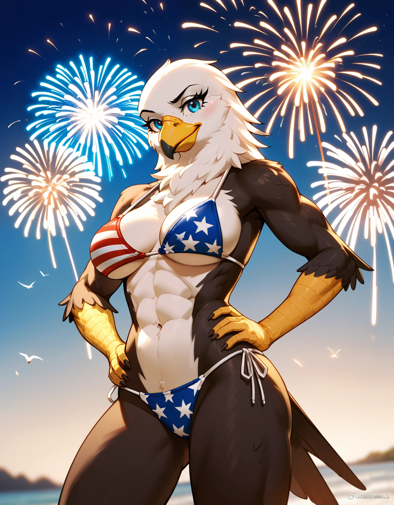 Duo, score_9,score_8_up,score_7_up, source_furry, an Anthro avian bald eagle, white body, female, tall, athletic body, fully naked, breasts, nipples, blue eyes, fireworks background, sex, cowgirl position sex, she is riding a faceless human males cock, straddling male, outdoors at night on a field, she is dual wielding pistols, shooting two handguns in the air