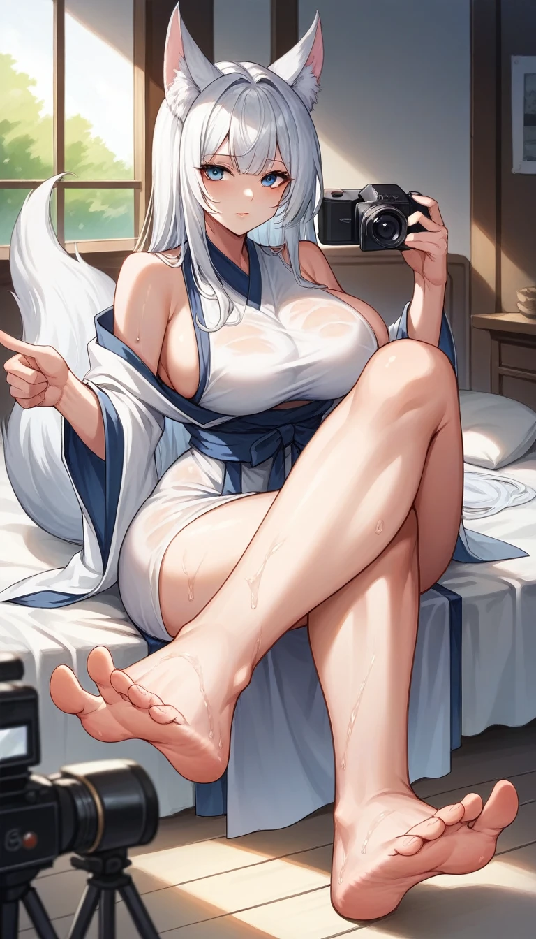 high detail, super detail, super high resolution, high quality. Extremely sexy and beautiful girl, with a beautiful face, wide and beautiful lips, White skin, blue eyes, curvy body, beautiful feet and thighs, long white hair, white fox ears and fox tail, low-cut japanese dress. sitting, showing legs, crossed legs, showing feet, showing soles. barefoot, feet on camera, big breasts, correct pie anatomy, foot anatomy, sexy pie, Feet pointing at viewer, Detailed feet, correct pie anatomy, seated. very wet, wet clothes, clothing fabric marking your body more.
scenery, Photoshoot, a padded bed with pillows behind, In the background you can see some cameras pointing towards her..