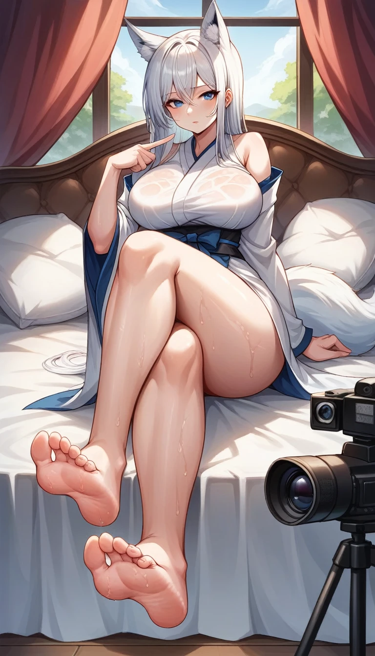 high detail, super detail, super high resolution, high quality. Extremely sexy and beautiful girl, with a beautiful face, wide and beautiful lips, White skin, blue eyes, curvy body, beautiful feet and thighs, long white hair, white fox ears and fox tail, low-cut japanese dress. sitting, showing legs, crossed legs, showing feet, showing soles. barefoot, feet on camera, big breasts, correct pie anatomy, foot anatomy, sexy pie, Feet pointing at viewer, Detailed feet, correct pie anatomy, seated. very wet, wet clothes, clothing fabric marking your body more.
scenery, Photoshoot, a padded bed with pillows behind, In the background you can see some cameras pointing towards her..