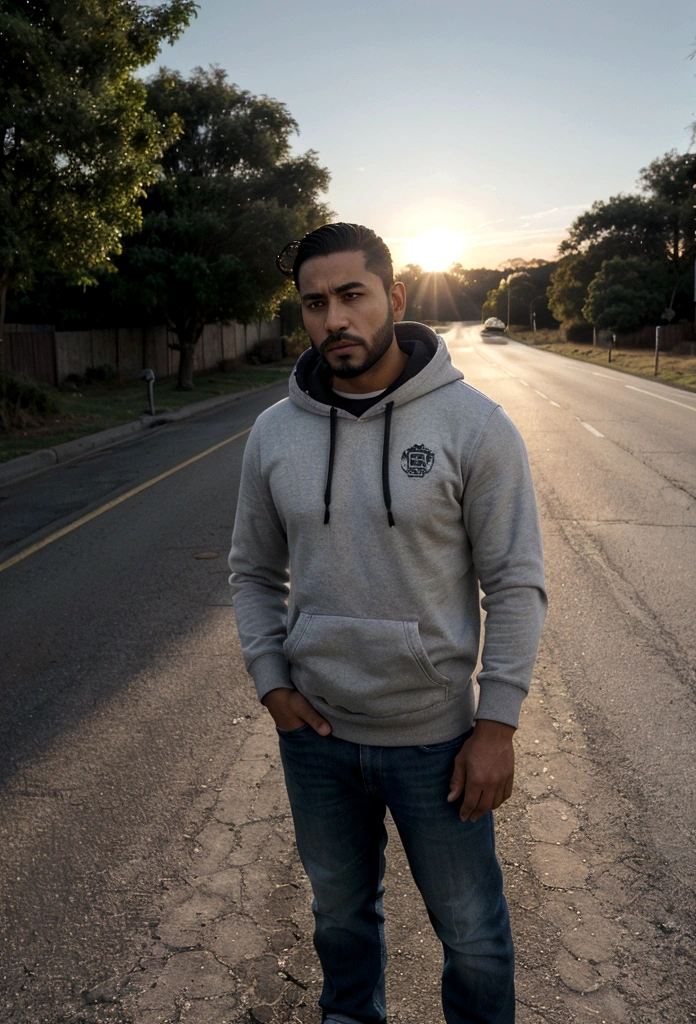 A Latino man in the distance, 28 years old dark, without so much front, with comb over haircut , for the side and beard black, barba mediana, warm with white hooded sweatshirt, with jeans, standing in profile he looks at the horizon and thinks about his entire life, the scene at a distance well away from the camera focus , a scene in the middle of the road. wide angle camera scene, contemplative scene, full body shot, sun and daylight, movie perspective, High Definition, photorealistic