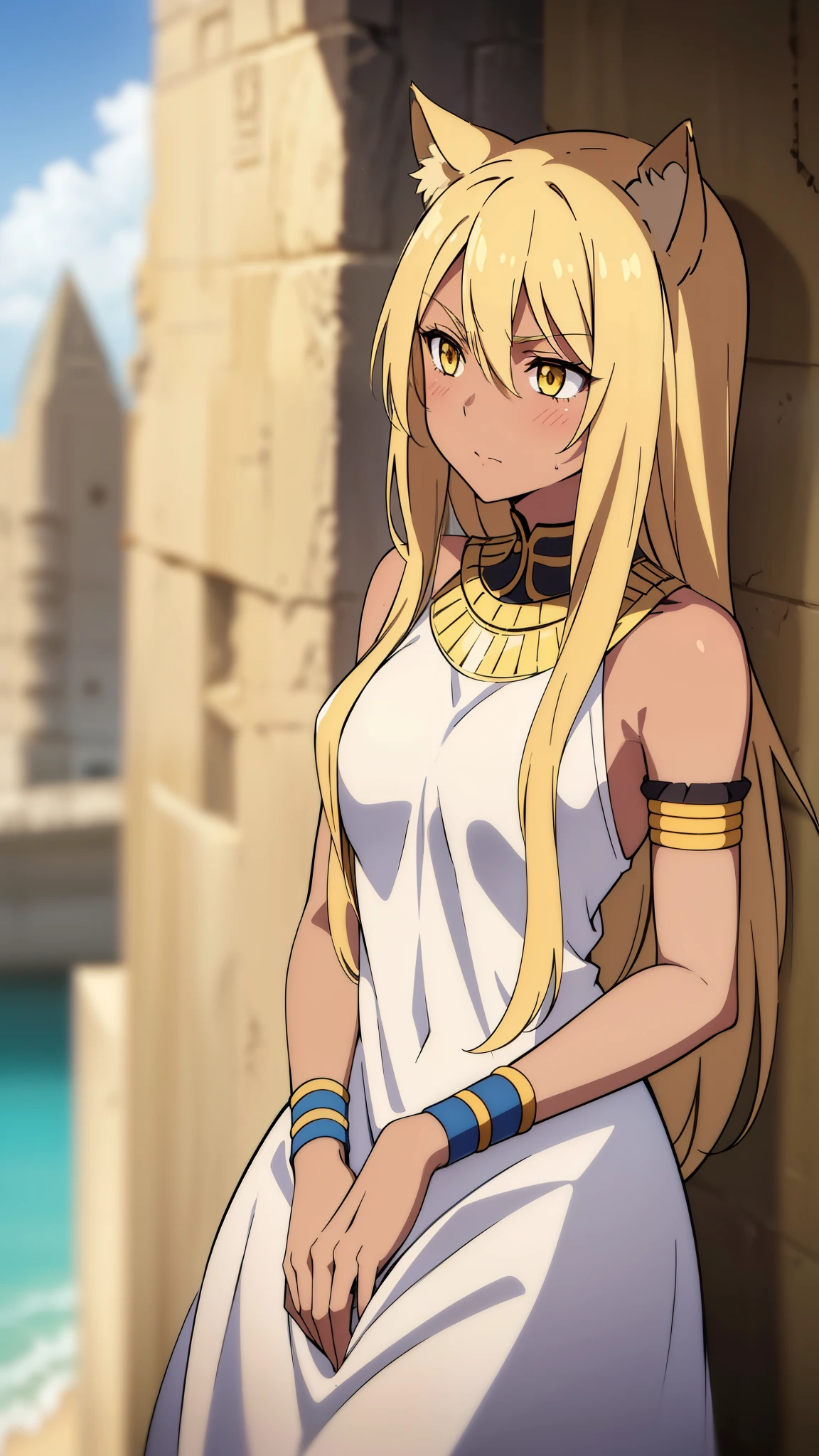 (1girl ,solo,20s,mature female),blonde hair,long hair,cat ears,yellow eyes,(((dark skin))),(Egypt, blue sky, sun),white egypt oufit,bare shoulders,looking at view,loved,blush,serious