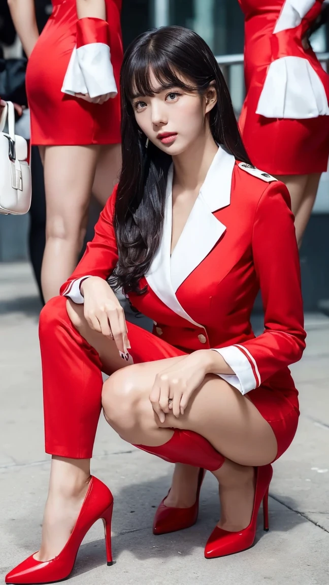 (((sexy light red flight attendant uniform with heels))) (((half body three girl foto))), detailed skin, ((asia white skin color)), detailed skin, big breasts, slim body, gigantic breasts, Slim Waist, 4K resolution,((pursed lips)) (((long hair BLACK silky bangs thick hairstyle))) ((white skin)) ((extremely detailed face)) ((extremely detailed eyes))  (((sexy body pose)))  ((outdoor background at luxury plane, passangers etc)) (((looked on camera))) look camera, ((sixpack woman)) ((model posture)), face extremely detailed, full body color photo of a 22 y.o girl, beautiful face, beautiful eyes,  ((skin details, high texture)), hand fix, finger fix, nails fix, realistic hand wrinkles, realistic eyes, octane render, simetris eyes.