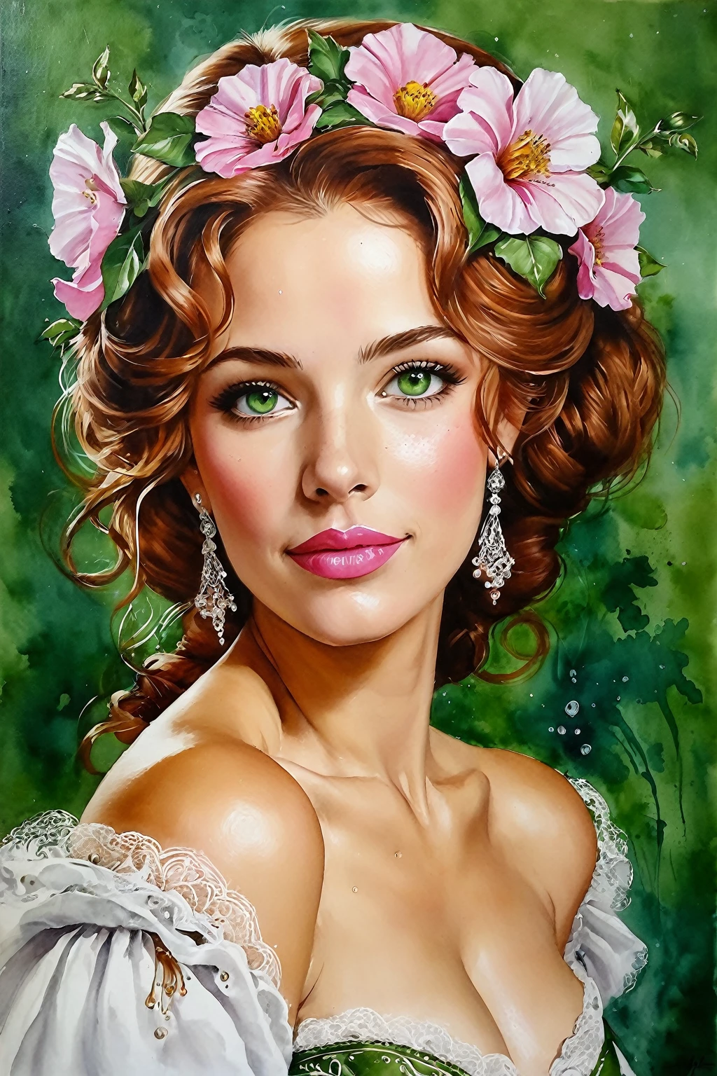 Victorian Hungarian Woman of the 14th century, Hazel hair, Pink lips, Nice feature, Wadim Kashin, james gurney, ink, Splash Art, Amazing beauty , Royo, after sexing, Super detailed splash art modern European oil ink painting, Mid Gorgeous Breasts, Gorgeous Body, oil painting, very detailed Bright Turmaline Green eyes, Blush, Greg Rutowski, (no NSFW image).