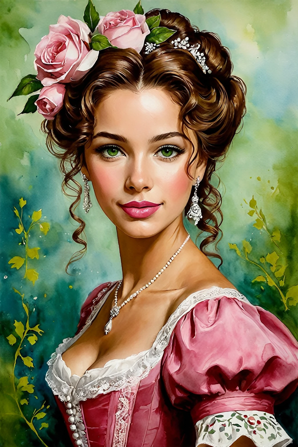 Victorian Hungarian Woman of the 14th century, Hazel hair, Pink lips, Nice feature, Wadim Kashin, james gurney, ink, Splash Art, Amazing beauty , Royo, after sexing, Super detailed splash art modern European oil ink painting, Mid Gorgeous Breasts, Gorgeous Body, oil painting, very detailed Bright Turmaline Green eyes, Blush, Greg Rutowski, (no NSFW image).